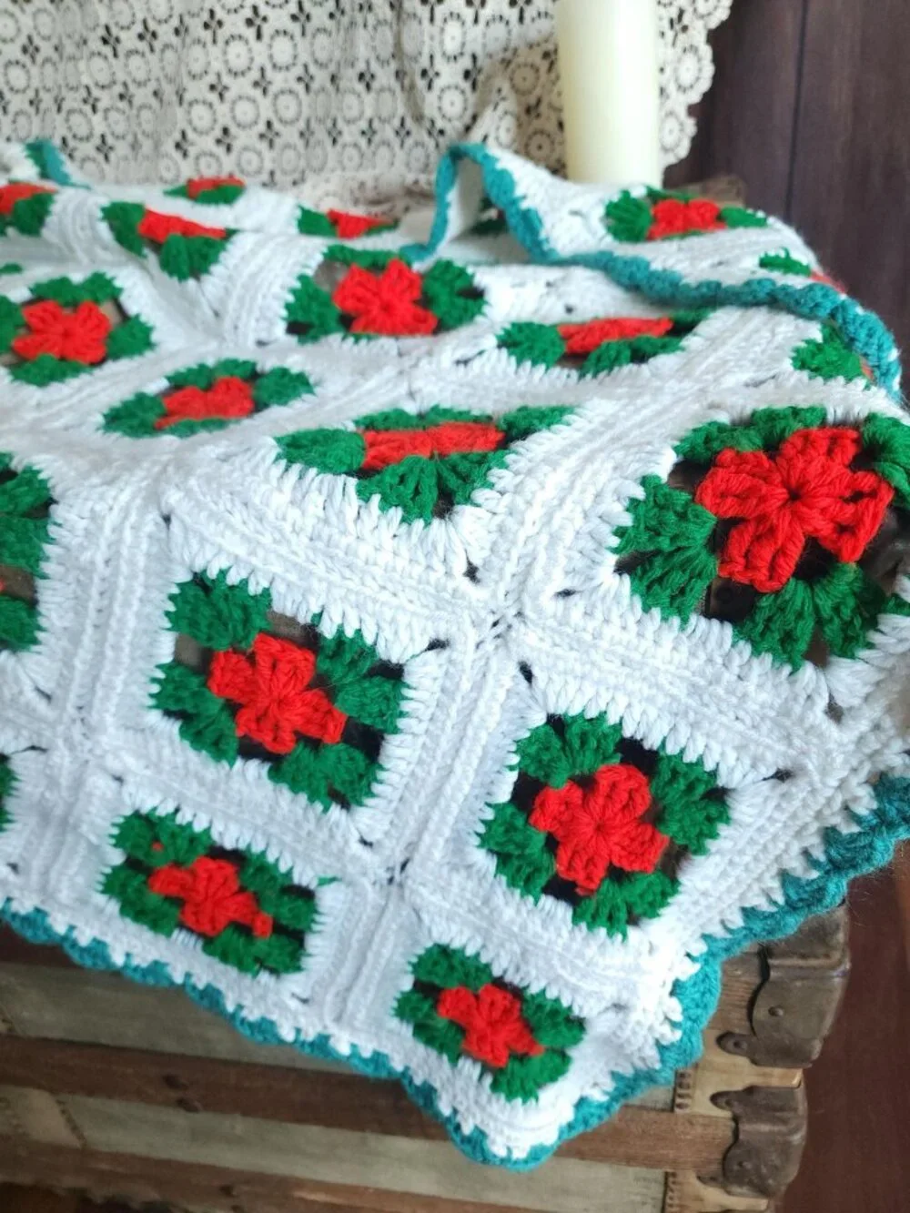 Vintage 1970s Afghan, Granny Square Crochet Lap Blanket, Red Green White Poinset